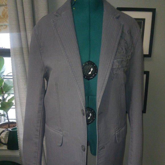 INC Grey Denim-Style Tonal Striped Blazer with Chest Embroidery Sz M NWT - Picture 2 of 16